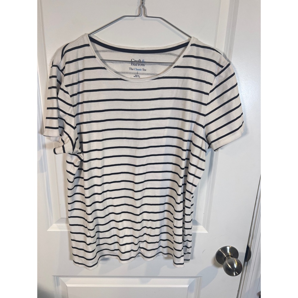 Croft & Barrow Womens T-Shirt Striped 100% Cotton White Navy Blue Size L